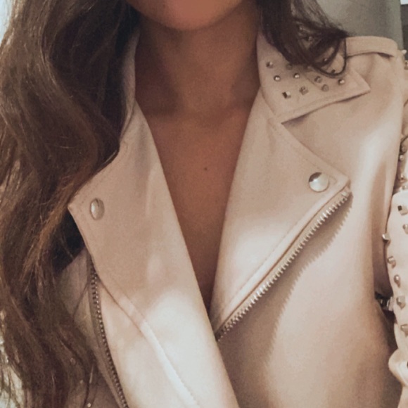 Bershka Pale Pink Studded Cropped Leather Jacket